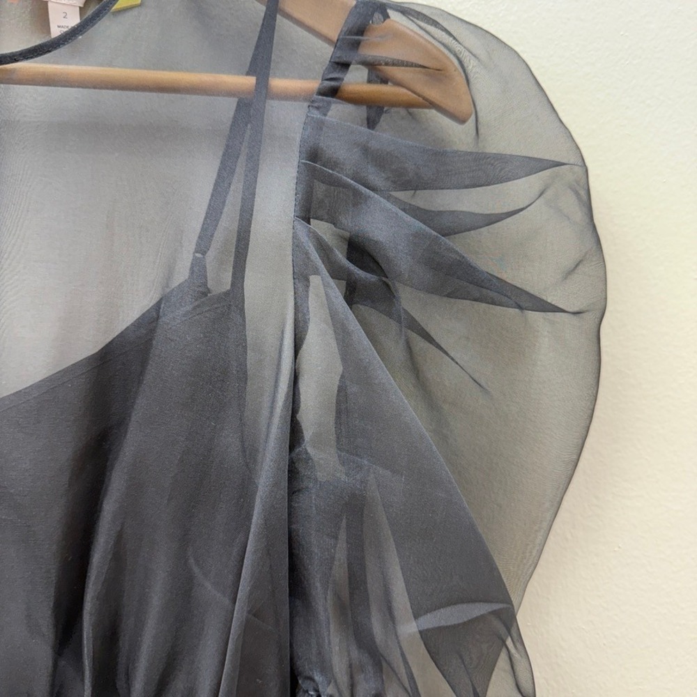 Cinq a Sept Dress Black Organza Sheer Puff Sleeve Party Cocktail Mini Bow Sz 2 - Picture 11 of 12